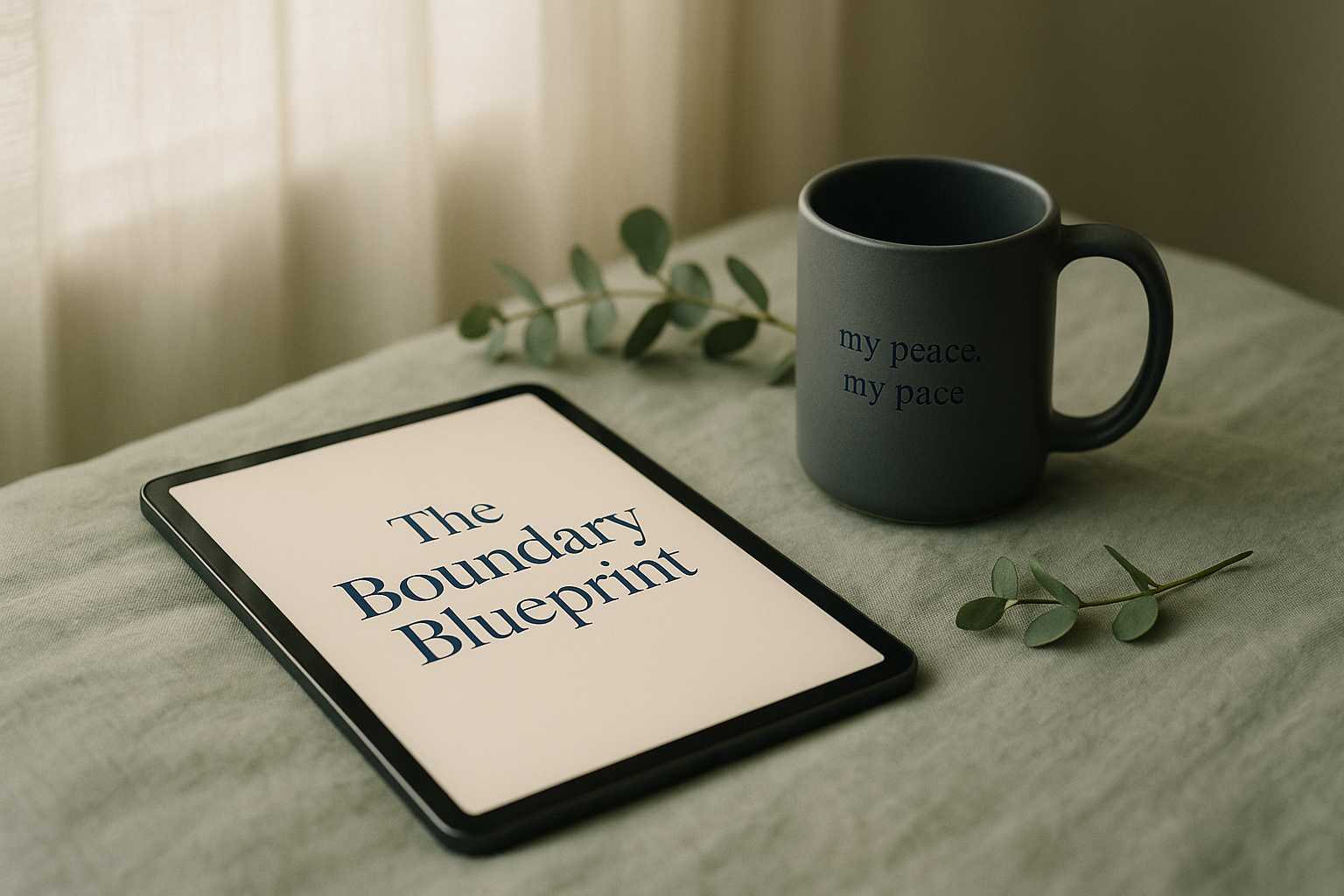 The Boundary Blueprint product photograph - tablet with the Boundary Blueprint PDF cover beside a matte-charcoal ceramic mug on soft sage linen